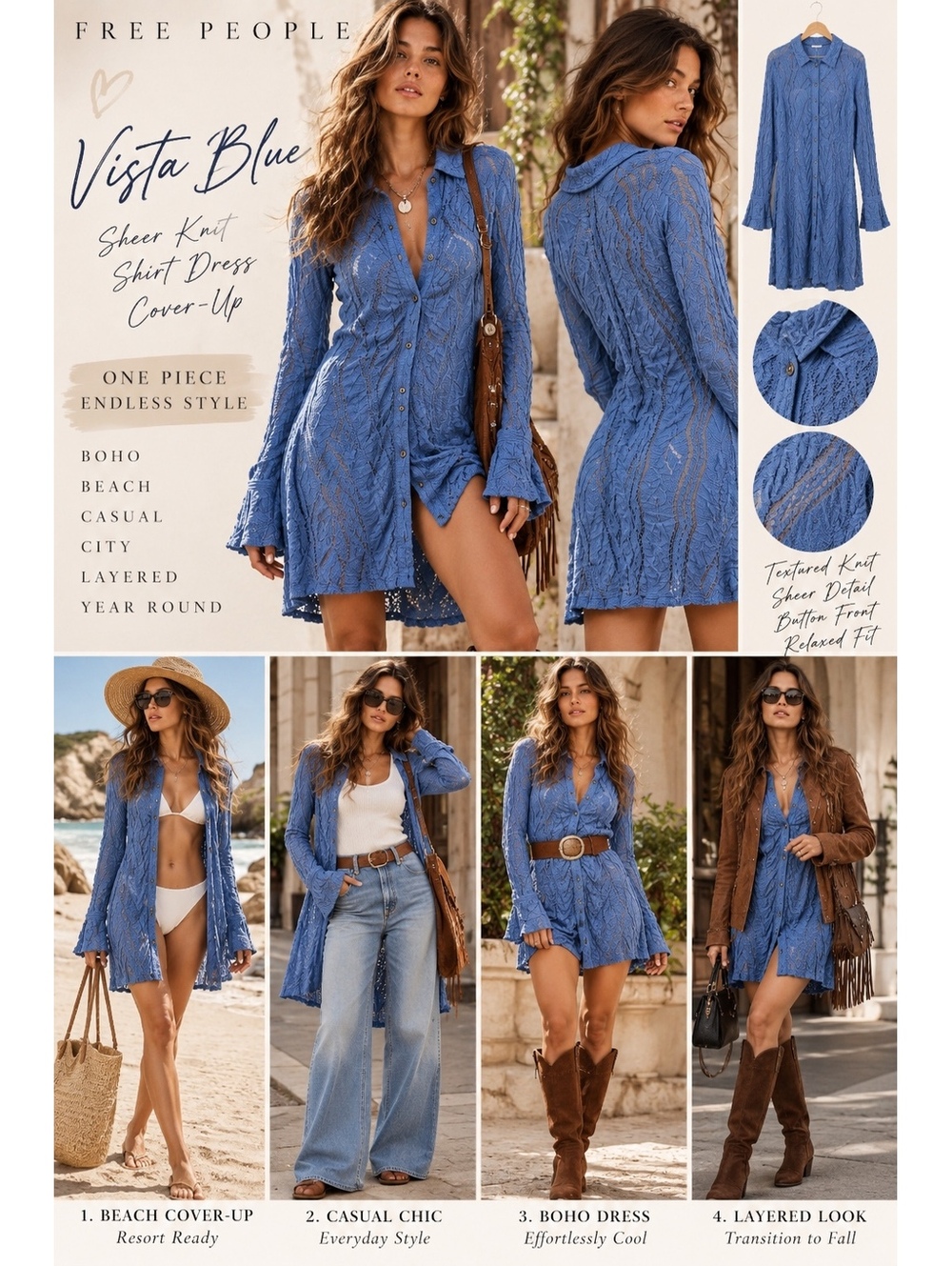 NWT Free People Vista Blue Sheer Lace Mini Dress / Cover-Up (XS) Boho Chic